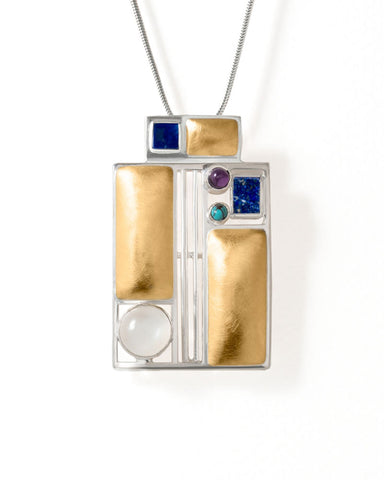 Art & Design Josef Hoffmann Vienna Pendant Necklace with Moonstone, Iolite & Turquoise