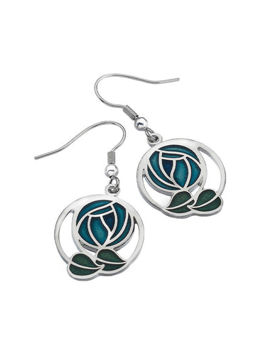Charles Rennie Mackintosh Rose and Coiled Leaves Earrings Blue
