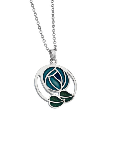 Mackintosh Rose and Coiled Leaves Pendant Necklace Blue