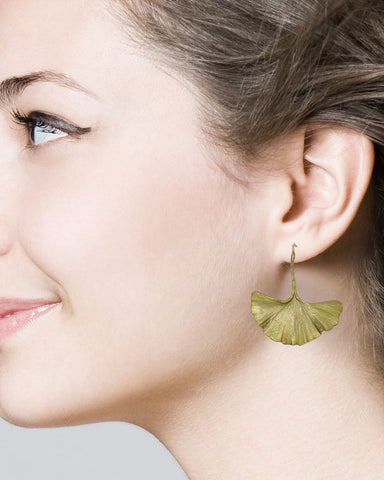 Single Ginkgo Leaf Patinated Bronze Large Earrings by Michael Michaud