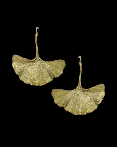 Single Ginkgo Leaf Patinated Bronze Large Earrings by Michael Michaud