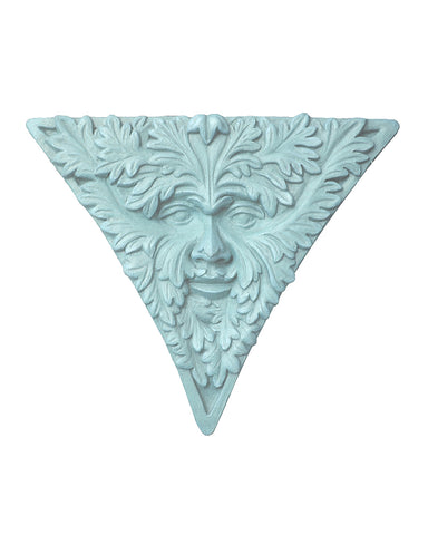 Triangular Green Man Plaque in Cast Stone - Copper Patina
