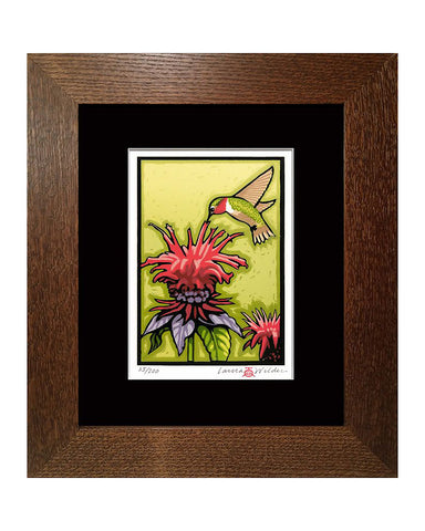 Laura Wilder Hummingbird & Bee Balm Limited Edition Framed Matted Block Print