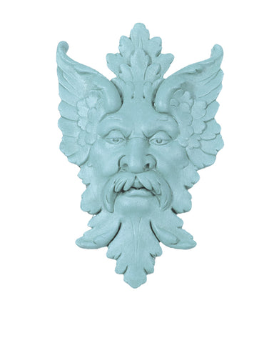 Michelangelo Green Man Leaf Mask Plaque in Cast Stone - Copper Patina