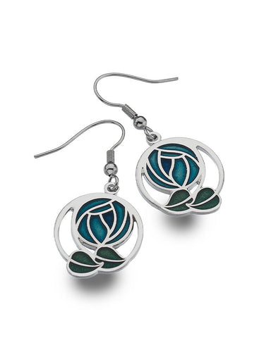 Charles Rennie Mackintosh Rose and Coiled Leaves Earrings Blue
