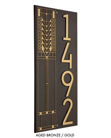 Frank Lloyd Wright Tree of Life Vertical House Number Plaque Aged Bronze / Gold