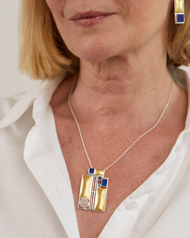 Art & Design Josef Hoffmann Vienna Pendant Necklace with Moonstone, Iolite & Turquoise