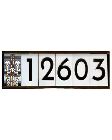 House number sign with tile on a white background