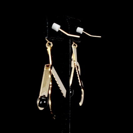 Cubist Guitar Black Glass Bead Earrings - Brass