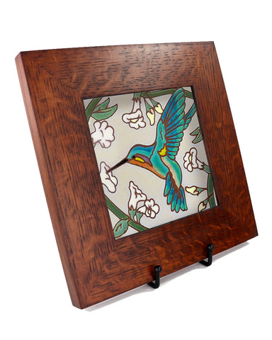 Carly Quinn Hummingbird with White Flowers Oak Framed Ceramic Tile