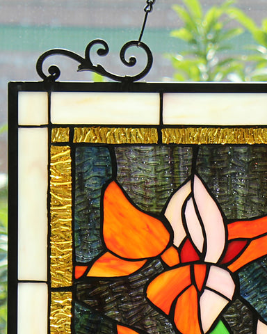 Arts and Crafts Lilies Stained Glass Panel Hanging