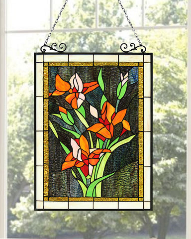 Arts and Crafts Lilies Stained Glass Panel Staged