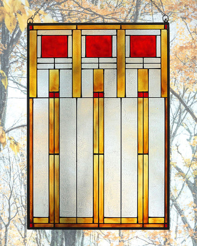 Arts and Crafts Prairie Squares Red Art Glass Panel