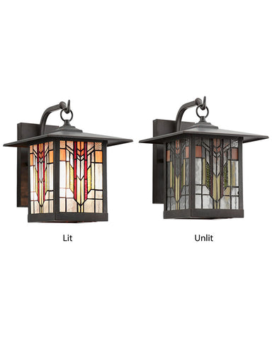Mission Craftsman Stained Glass Wall Sconce Edward Lit and Unlit