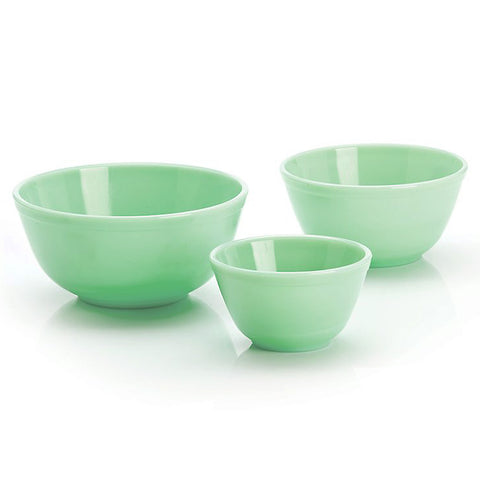 Mosser Glass 3 Piece Mixing Bowl Set in Jadeite on Counter