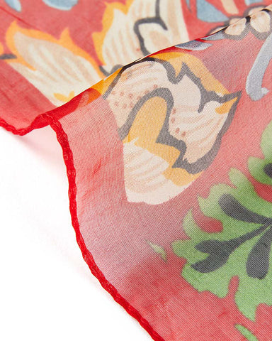 William Morris Red Strawberry Thief Silk Chiffon Scarf Hem