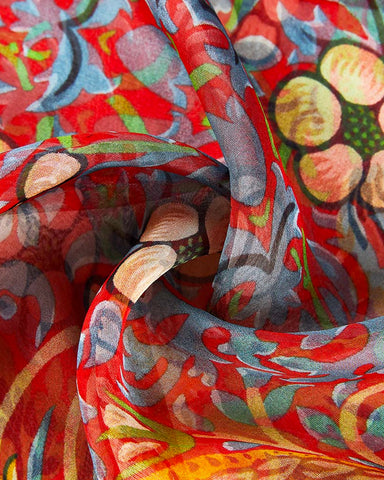 William Morris Red Strawberry Thief Silk Chiffon Scarf Closeup