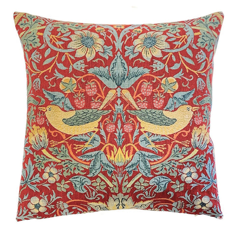 William Morris Red Strawberry Thief Belgian Tapestry Pillow - Facing Out