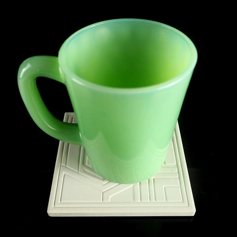 Jadeite Mug with Frank Lloyd Wright Textile Block Designs Etched Coaster