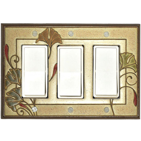 Art Nouveau Ginkgo Ceramic Tile Switchplate Triple Rocker